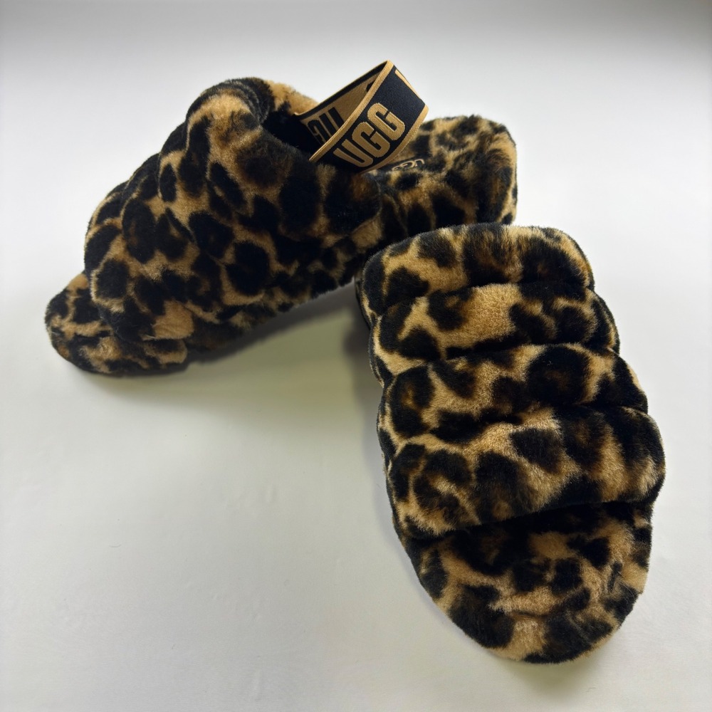 UGG Fluff Yeah Slide Panther Leopard Print Platform Sandals 1120902 Womens 10